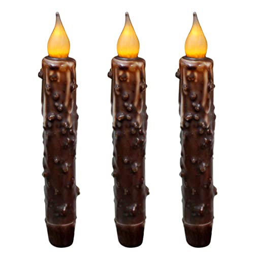 CVHOMEDECO. Real Wax Hand Dipped Battery Operated LED Timer Taper Candles Country Primitive Flameless Lights Décor, 6-3/4 Inch, Brown, 3 PCS in a Package - color: Brown 3 Pcs