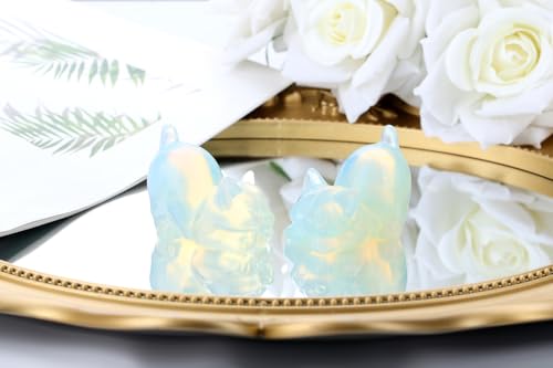 2" Opal Opalite Cat Figurine Decor Crystal Statue Stone Carved Figurines for Lazy Cat Healing Crystals Spiritual Sculpture Desk Office Room Home Lucky Kitten Gifts for Cat Lovers Women Men - color: White-opalite