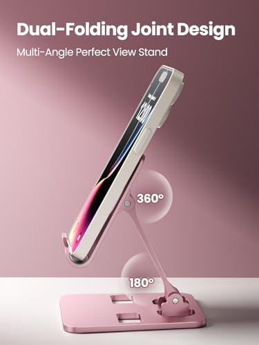 Phone Stand for Desk, Dual Folding Cell Phone Holder, Fully Adjustable Portable Mobile Phone Holder for iPhone 17 16 15 14 13 12 11 Pro Max Plus Air, Galaxy S25 S24, All Phones (Rose Gold) - color: Rose Gold