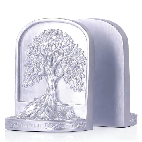 Tree of Life Bookends Silver, Antique Style Resin Book Ends for Shelves, Heavy Duty Decorative Bookends for Large Books, Sturdy Non Slip Bookends Set of 2, Vintage Rustic Shelf Decor - color: Sliver