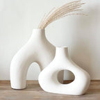 Carrot's Den Donut Vase, Set of 2 - White Large Ceramic Vase - Minimalist Nordic, Hollow | Table Centerpiece, Olive Plant, Wedding, Living Room, Bookshelf, Office, Modern Home, Entryway, Console - color: Warm White