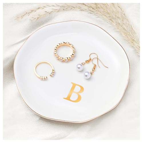 ProCase Ceramic Jewelry Tray, Initial Ring Dish Trinket Plate Engagement Gift, Small Personalized Monogram Ring Bowl for Wedding, White Decorative Jewelry Holder for Women Vanity -Letter B - style: B