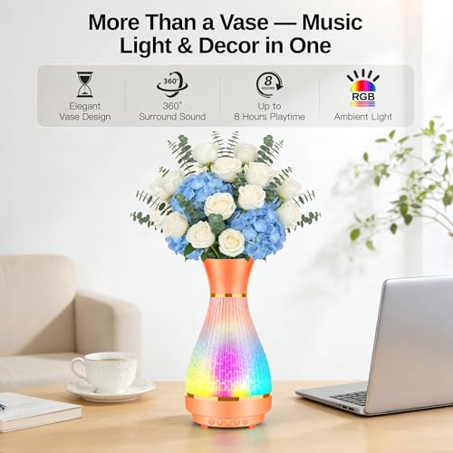 3-in-1 Vase Bluetooth Speaker With Ambient Light & White Noise, 8H Playtime, Water-Safe Flower Vase for Bedroom, Living Room Decor, Mother's Day,Birthday Gift for Women, Mom, Wife or Girlfriend - color: Orange