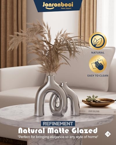 Hug Donut Decorative Vase Set - Silver Vase, Modern Nordic Boho Style Vases Home Decor, Matte Ceramic Decorations for Living Room Shelf, Bookshelf Mantle Entryway Table or Console Décor (Silver) - color: Silver
