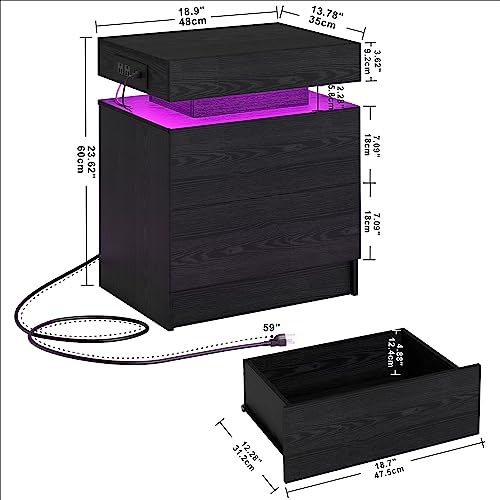LIKIMIO Night Stand with Charging Station, Modern Black Nightstand with LED Light and Drawers, Bedside Tables/End Table for Bedroom - color: Black