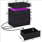 LIKIMIO Night Stand with Charging Station, Modern Black Nightstand with LED Light and Drawers, Bedside Tables/End Table for Bedroom - color: Black