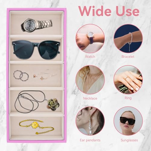 HERCHR Sunglass Organizer, Pink Velvet Glasses Tray 5 Grids Stackable Display Case for Women Glasses Jewelry Display Watch - color: Pink