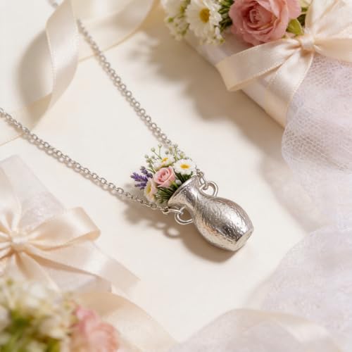 Flower Bouquet Necklace Flower Holder Necklace Pendant Creative Floral Vase Necklaces Kawaii Aesthetic Nature Spring Outfits Jewelry Gift Mothers Day Gifts - color: A3:Silver Flower Vase Necklace
