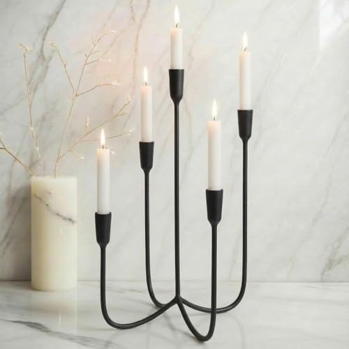 Candelabra for 5 Taper Candles – Hand-Forged Candle Holder with Elegant Vintage Finish – Decorative Centerpiece for Dining Room, Living Room or Mantel Decor（Black） - color: Black