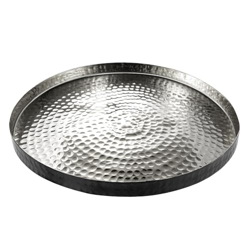 MyGift 12 Inch Round Decorative Platter, Silver Tone Plated Hammered Aluminum with Matte Black Accent Serving Plate, Centerpiece Base or Vanity Tray - Handcrafted in India - color: Black (12 Inch)