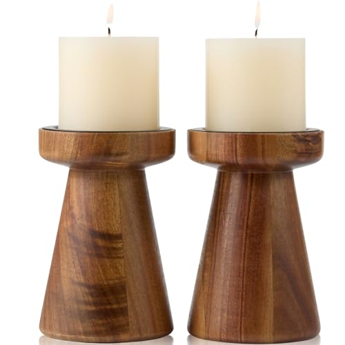 Acacia Wood Candle Holders for Pillar Candles, Set of 2 Vintage Rustic Tall Modern Farmhouse Decor, Decorative Wooden Candlestick Stand for Fireplace Mantel, Table Centerpiece - color: Acacia Wood