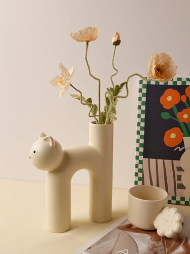 Minimalist Cat-Shaped Ceramic - Unique Animal Flower Vase for Home Decor, Modern Matte Finish Decorative Vase for Living Room, Bedroom, Office, Shelf, Table Centerpiece