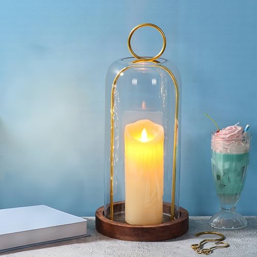 16" High Versatile Vintage Brass Metal Candle Holder with Handmade Sturdy Glass Dome and Natural Wooden Base for Pillar Candle & Plants, Industrial, Farmhouse, Shabby Chic, Display Cloche Bell Jars - color: Brass, size: 7"x16"