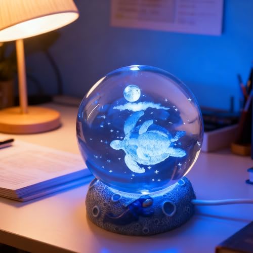 Turtle 3D Crystal Ball Figurine, 2.4inch Oceans Glass Ball Gifts for Women, Sculpture Display Paperweight Keepsakes for Marine Organism Lover Home Decor - color: Turtle