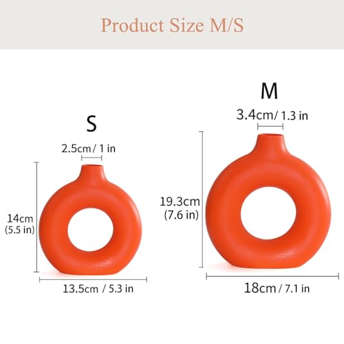 Orange Ceramic Donut Vase Set of 2, Hollow Round Matte Pampas Flower Vases for Boho Home Wedding Party Room Dinner Table Shelf Decor.（Orange） - color: Orange, size: Donut Set of 2