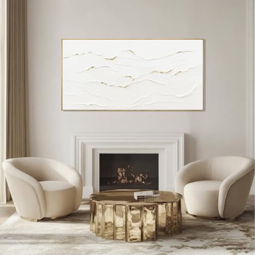 WINKAILIN Minimalist White and Gold Line Artwork with Frame Hand Painted Abstract Canvas Wave Wall Art for Bedroom Living Room Office 24"x48" - color: White and Gold, size: 48"L x 24"W