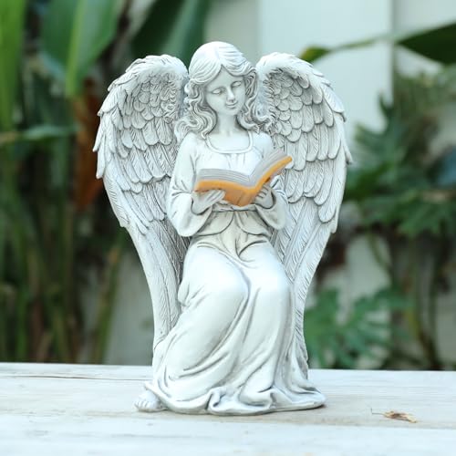 Angel Statue Outdoor Decor, Elegant Angel Garden Statues Reading Book with Solar LED Lights Yard Decorations Lawn Ornaments Figurines Resin Sculpture for Outside, Angel Gardening Gifts - style: Ancient Book
