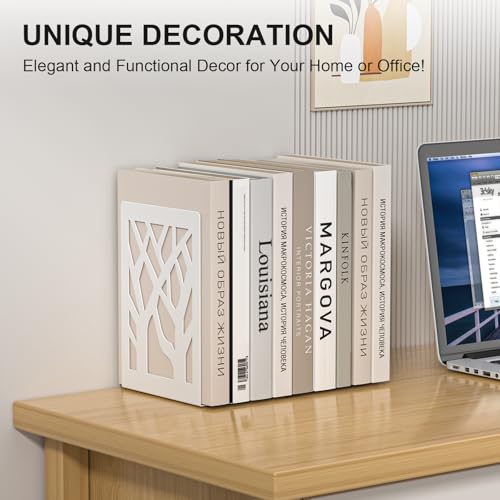 White Bookends 8 Pack, Tree Design Modern Metal Bookends for Shelves, Unique Tree Book Ends Decorative Book Organizer for Desk, Decorative Shelve Book Stopper for Home Office - color: White 8 Pieces