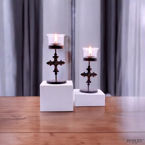 Hosley Set of 6 Black Metal & Glass Votive Candle Holders | Decorative Tea Light Holders for Home Decor, Wedding, Parties, and Dining Table Centerpieces - color: Bronze3