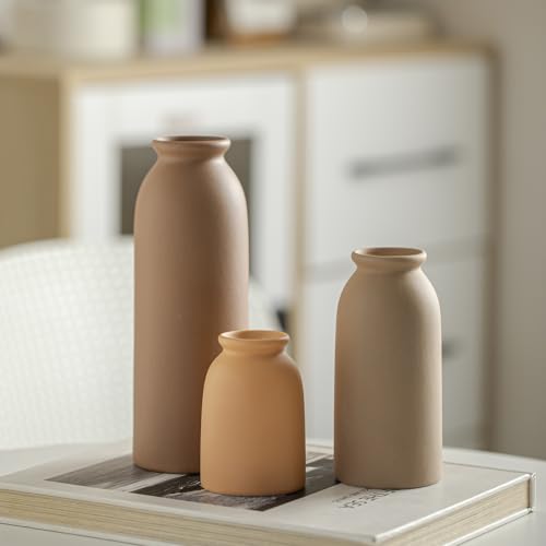 Ceramic Vase Set-3, Small Flower Vases for Decor, Modern Boho Farmhouse Style, Decorative Vases for Pampas Grass & Dried Flowers, Distressed Finish (Earth Tone) - color: Earth Tone