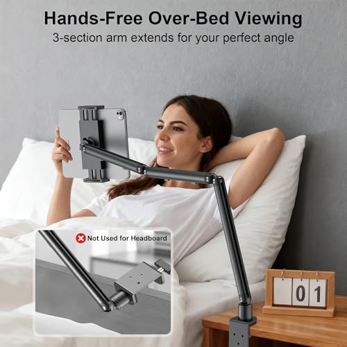 iPad Holder for Desk, Adjustable Tablet Arm iPad Desk Mount with C-Clamp, 30" Foldable Long Arm & 360° Rotation, Fits 4.7"–15.6" i Pad Pro/Air/Mini, Phones & 15.6" Portable Monitors for Desk/Bed Use - color: Black