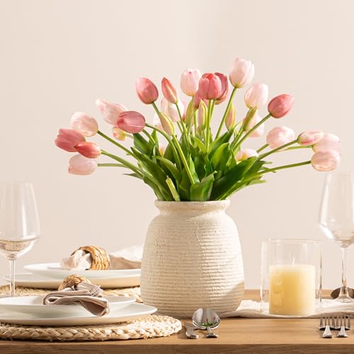 Ceramic Flower Vase, 7.48 Inch White Rustic Farmhouse Decorative Vase Pottery Wide-Mouth Vases for Home Decor Table Living Room Entryway Mantel Bookshelf Bedroom Bathroom Kitchen - color: 7.5“ H - White