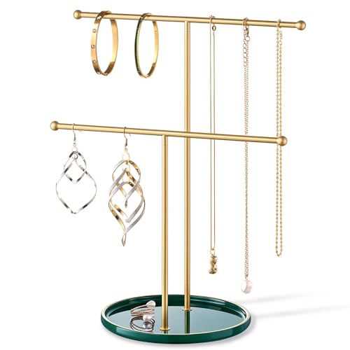Gold Jewelry Holder Stand with Ceramic Tray: Small Hanging Necklace Organizer Tree for Earrings, Bracelets, Rings – Jewelry Display Hanger for Women & Girls, Green - color: green tray gold bar