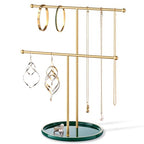 Gold Jewelry Holder Stand with Ceramic Tray: Small Hanging Necklace Organizer Tree for Earrings, Bracelets, Rings – Jewelry Display Hanger for Women & Girls, Green - color: green tray gold bar