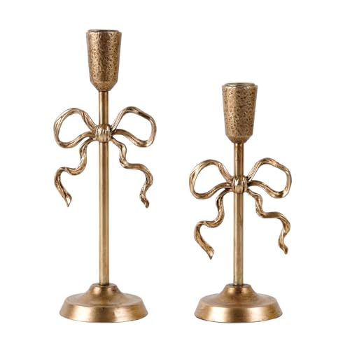 NIKKY HOME Gold Bow Iron Taper Candle Holders Set of 2, Vintage Decorative Candlesticks Centerpieces Decor for Dining Room Table Wedding Party Mantle Fireplace Housewarming Gift