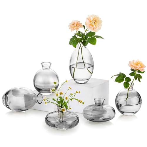 Glass Bud Vase for Centerpieces, 6Pcs/2Sets Glasseam Modern Gray Mini Small Vases for Flowers Bulk Flower Vase Set Aesthetic Cute Handmade Tiny Short Wedding Table Centerpiece Decor - color: Gray, size: 2 Sets