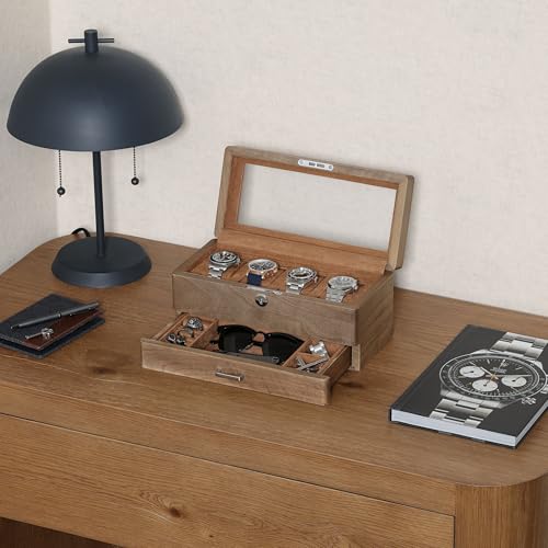 ROTHWELL 4-Slot Solid Walnut Watch Box with Valet Drawer - Premium Jewelry Display Case Organizer with Locking Glass Top and Microsuede Liner for Men & Women (Tan Interior) - color: Walnut / Tan