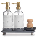 [Luxury] Kitchen Soap Dispenser Set - 16OZ Clear Glass Bottle, Stainless Steel Pump, Instant Dry Tray, Waterproof Labels, Non-Slip Silicone Pad, and Dish Brush | Upgrade for Your Kitchen and Bathroom - color: Transparent Bottle + Gold Pump