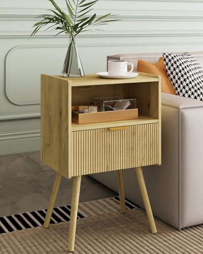 Veegle Nightstand,Modern Bedside Table with Storage Drawer and Open Wood Shelf, Accent Night Stand with Solid Wood Legs for Living Room, Bedroom and Small Spaces,Easy Assembly (Yellow Oak) - color: Yellow Oak
