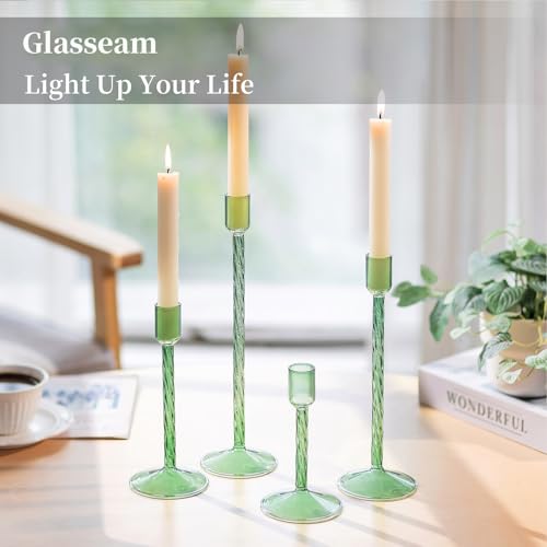 Glasseam Green Glass Candlestick Holder: Tall Candle Stick Holder Set of 4 Candlestick Holders for Taper Candles Modern Decorative Candle Holders for Table Centerpiece Wedding Christmas Home Decor - color: Green