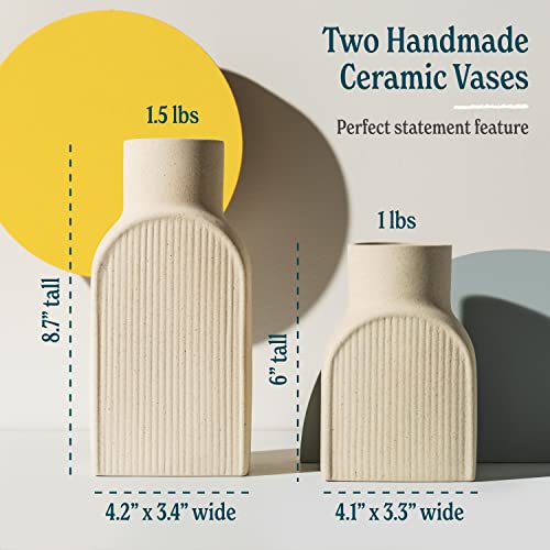 Ceramic Ribbed Vases - 2 Piece Set, Small and Large Vase, Bottle Flower Planter Set. Scandi Style Home Decor. Neutral Cream Home Decor, Coastal Decor for Home, Centerpiece for Table