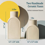 Ceramic Ribbed Vases - 2 Piece Set, Small and Large Vase, Bottle Flower Planter Set. Scandi Style Home Decor. Neutral Cream Home Decor, Coastal Decor for Home, Centerpiece for Table