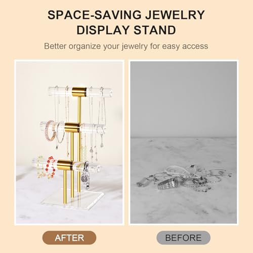 3-Tier Necklace Holder Bracelet Holder, Gold Acrylic Jewelry Display Stand Crystal T Bar Jewelry Organizer Gift for Women - style: 3-Tier 1pc