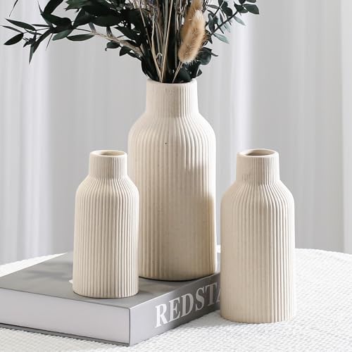 Bohemian Beige Ceramic Vase - for Pampas Grass, Mantel, Bookshelf, Entryway and Living Room Decor (Beige, Set of 3) - color: Beige, size: Set of 3