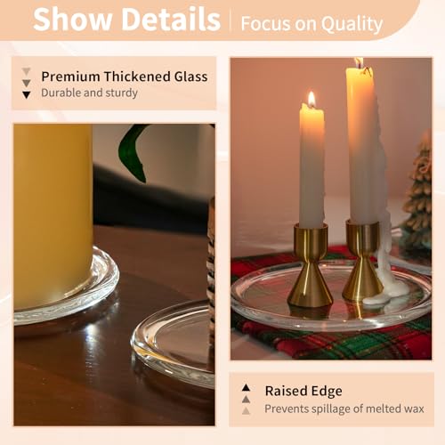 NUPTIO Glass Candle Plate for Home： Set of 2 Large Pillar Candle Tray - 7 inch Diameter Round Candle Dish for Home Wedding Party Easter Table Centerpiece - size: Large-2Pcs