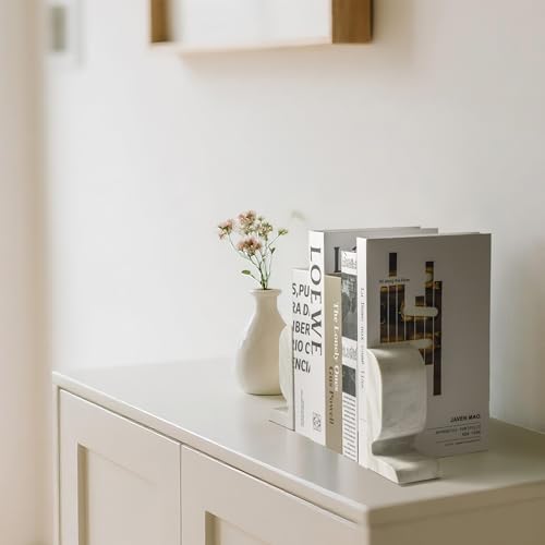 WORHE Marble Bookend for Shelves, Large Book Shelf Holder for Heavy Books, Natural Stone Book Stopper for Books CD Movies, Aesthetic Decorative Book Ends, Bookshelf Table Home Decor White (WH089) - color: White