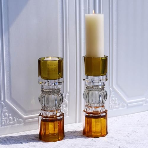 VOHO Amber Votive Candle Holders for Fall Decor, Set of 2 Vintage Tealight Candle Holder for Coffee Table Mantle, Tall Votive Holder Jazzy Glass Mix for Centerpiece(7.87x2.75 in W/H, Shades of Amber) - color: Shades of Amber