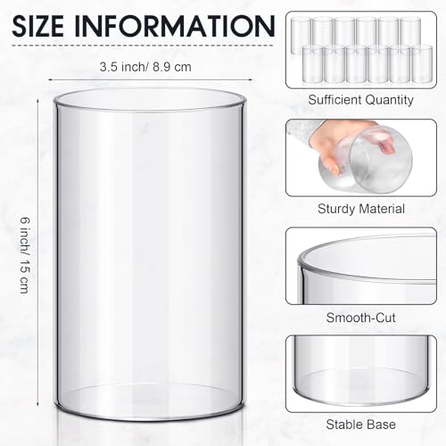 Vesici 12 Pcs Plastic Cylinder Vase 6 Inch Acrylic Cylinder Clear Flower Vase Bulk Hurricane Candle Holder Round Wide Container Centerpiece for Home Office Wedding Decorations