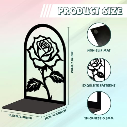 Peacoblue Metal Bookends for Shelves, Modern Decorative Heavy Duty Study Book Ends Stoppers for Office, Desk, Shelf, Room 5.3"x4.3"x7.9" Cast Iron Simple Tall Bookends 1 Pair (Rose Flower) - style: Rose Flower