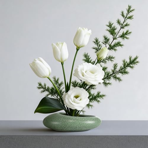 Flower Frog Vase Kit, Ikebana Flower Arrangement Ceramic Water Drop Flower Pot Flower Frog Flower Arrangement Vase Kit (Green Small Size) - color: Green Small Size