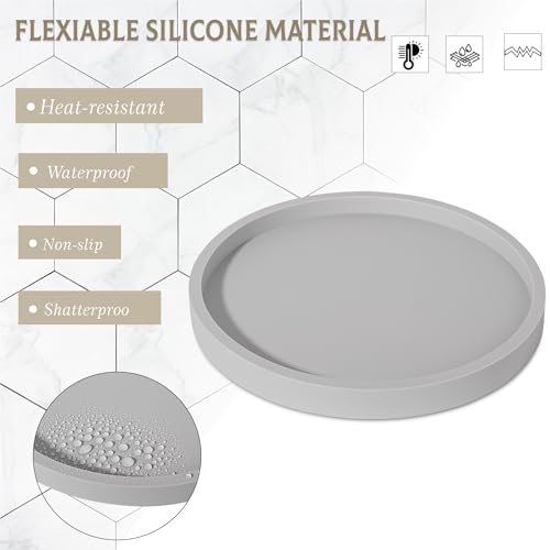Silicone Bathroom Tray Round Vanity Tray Decorative Soap Holder Kitchen Countertop Organizer Coffee Table Decor for Candle, Perfume, Plant, 9 Inch, Light Grey - color: Light Grey, size: 9"
