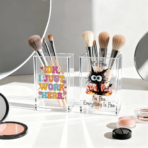Funny Black Cat Work 2 Pack Acrylic Cosmetic Pencil Pen Holder Cup, Cute Office Pen Holder for Desk, Funny Work Burnout Gifts for Coworker Friend, Office Sarcastic Gifts for Women Colleague Boss - style: Work Fine 2