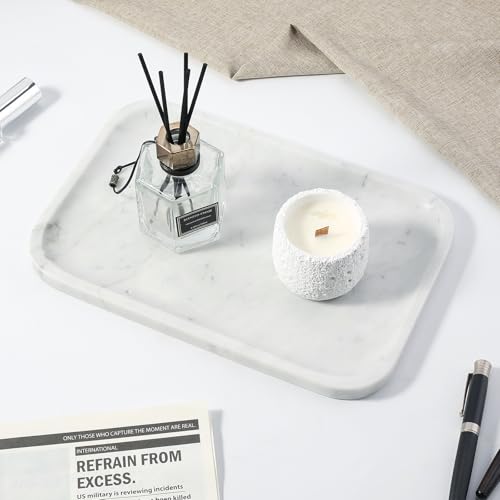 Koville Marble Tray, 12"x8" Marble Vanity Tray for Countertop Bathroom Kitchen Dresser, Decorative Catchall Trays for Perfume Jewelry, Rectangular Stone Serving Tray(Bianco Carrara) - color: Bianco Carrara
