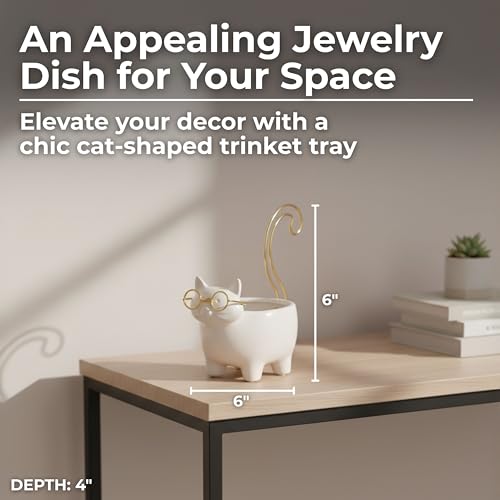 Ceramic Jewelry Dish & Trinket Tray – Ring Dish and Catchall for Everyday Accessories, Vanity or Nightstand Display – Cat Silhouette Decorative Tray Accent, Home Decor – 6", White & Gold - size: 6.0" H