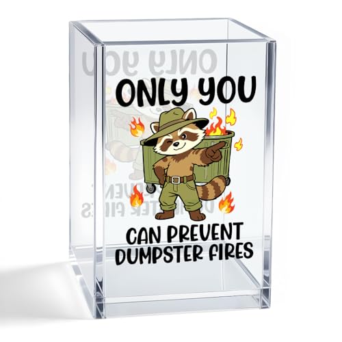 Only You Can Prevent Dumpster Fires Acrylic Organizer Pencil Pen Holder, Humorous Raccoon Trash Can Office Desk Accessory, Inspirational Appreciation Thank You Office Gifts for Coworker Boss - style: Only You