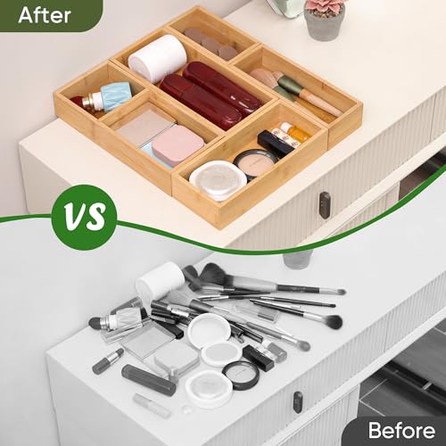 Vincona Bamboo Drawer Organizers Set, 5-Piece Multi-Use Wood Storage Organizers, Desk Drawer Tray for Kitchen, Bathroom, Office, Dresser, Bamboo Box Bin for Jewelry, Makeup, Junk, Gadgets - size: 6 Grids